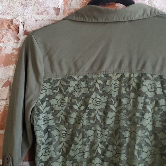 Lace Back Button Up Shirt with Roll Up Sleeves - Picture 11 of 11